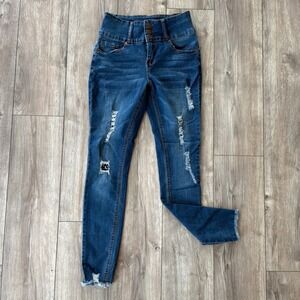 Celebrity Ace Womens High Rise Distressed Skinny Jeans Blue Medium Wash Size